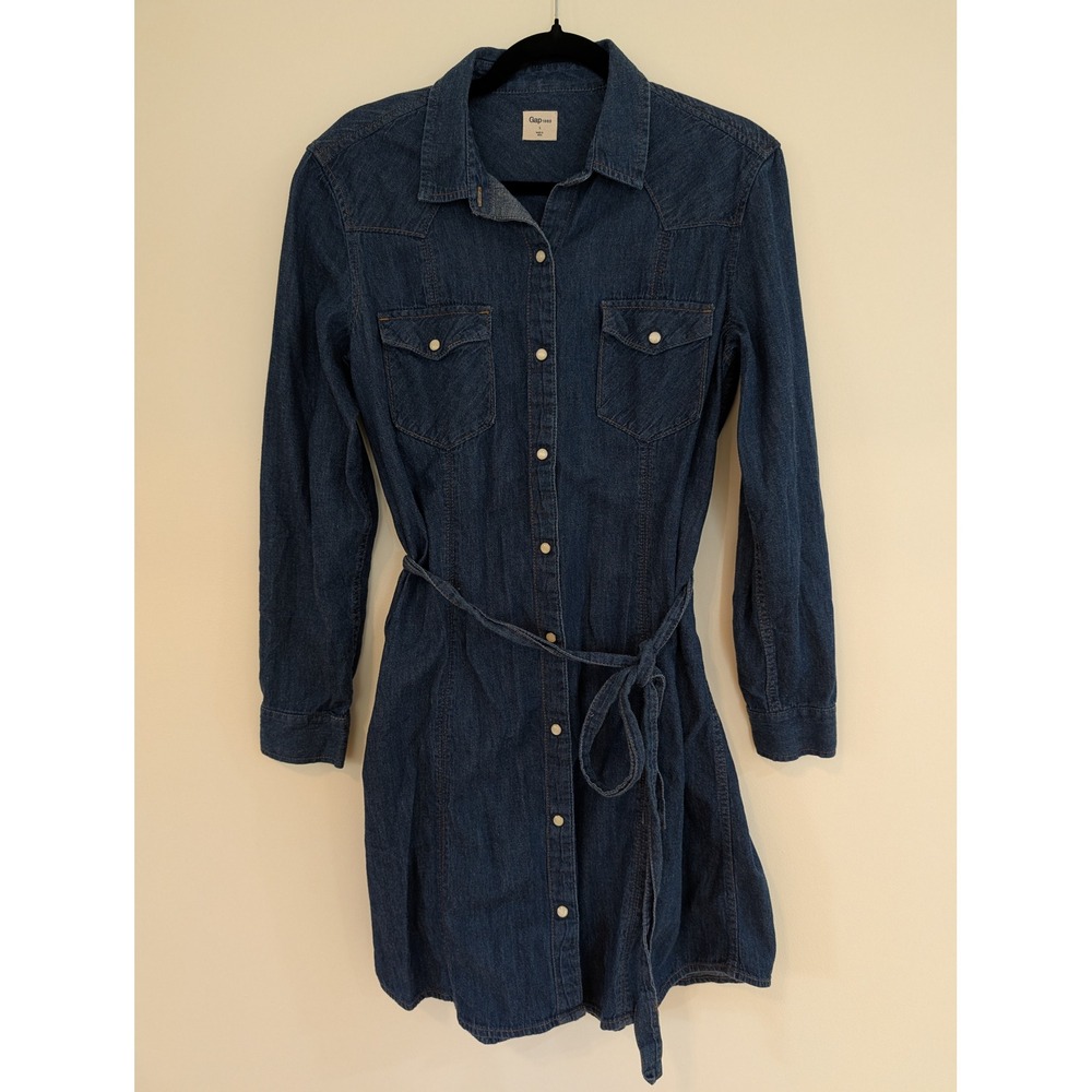 Gap 1969 Womens Blue Denim Western Pearl Snap Shirt Dress Size L Tie Waist Belt - Picture 1 of 9